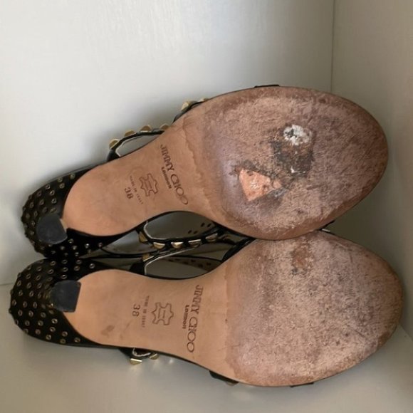 Jimmy Choo Inga Grommet Studded Leather High Heel Sandals in Black Gold - Picture 12 of 16